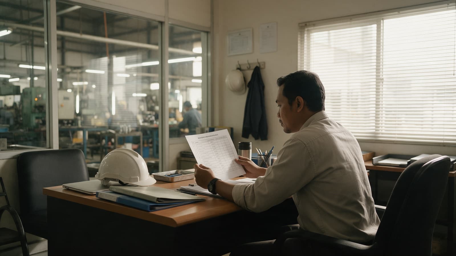 Manajer mutu memeriksa daftar periksa audit di kantor pabrik